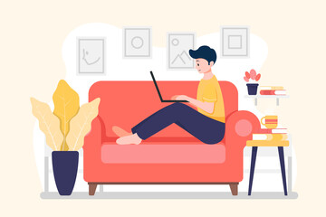 Man using laptop on the chair. Flat art vector.