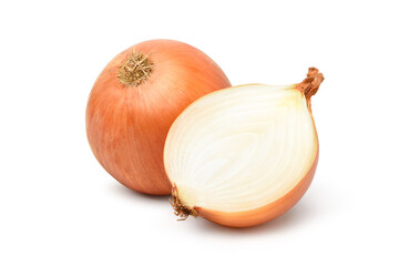 Fresh bulbs of onion with cut in half isolated on white background