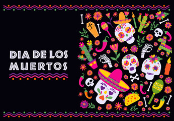Dias de los Muertos typography banner vector. Mexico design for fiesta cards or party invitation, poster. Flowers traditional mexican frame with floral letters on black background.