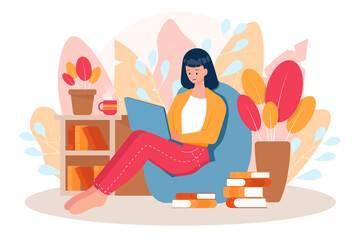 Work or study online using laptop. Flat art vector.