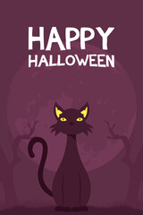 happy halloween card with black cat mascot scene
