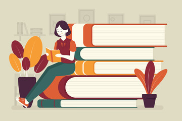 A girl is sitting and reading. Flat art vector.