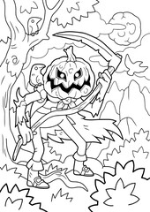 cartoon halloween monster jack lantern, coloring book, funny illustration