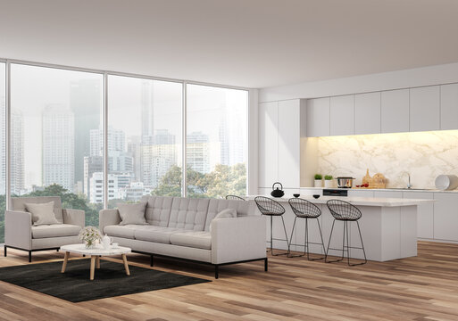 Modern Living, dining room and kitchen with city view 3d render.The Rooms have wooden floors ,decorate with white furniture,There are large window Overlooking city view.