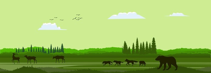 Green Vector landscape with silhouettes of mountains, trees, deers, wolves pack and bear. Banner horizontal