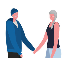 Senior woman and man cartoons holding hands vector design