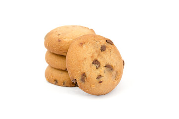 delicious round cookies with chocolate pieces isolated on white background. side view. Stack of cookies