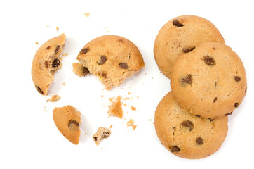 delicious cookies with pieces of cookies and crumbs isolated on a white background.