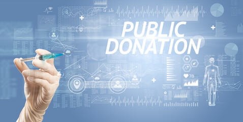 Syringe needle with virus vaccine and PUBLIC DONATION inscription, antidote concept