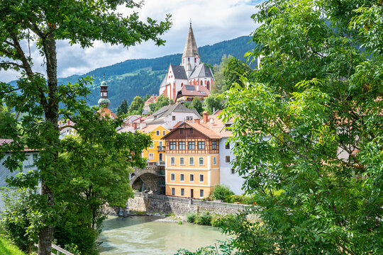 Centre of the old town of Murau along the river Mur in state Steiermark, Austria