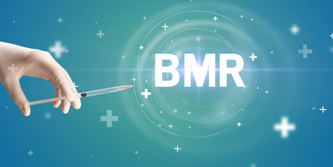 Syringe needle with virus vaccine and BMR abbreviation, antidote concept