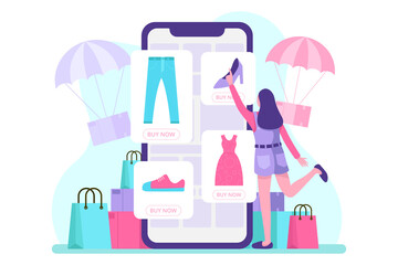 Mobile ecommerce illustration. Flat art vector.