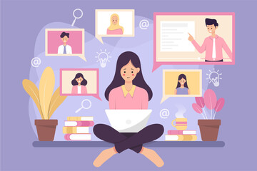 Learning online using video call. Flat art vector.