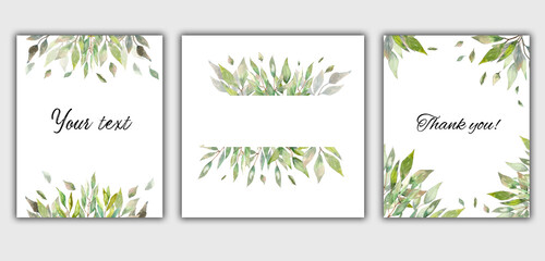 Fototapeta na wymiar Watercolor illustration. A set of templates for text placement. Place for your text in a frame made of flora elements in the style of greenery.