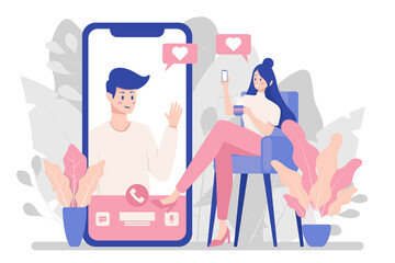 Couple video call. Flat art design.