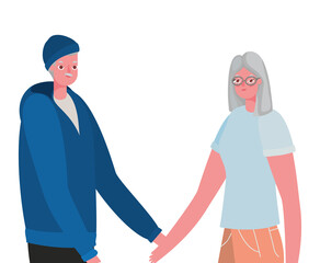 Senior woman and man cartoons holding hands vector design