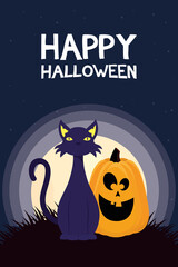 happy halloween card with pumpkin and cat scene