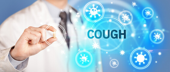 Doctor giving pill with COUGH inscription, coronavirus concept