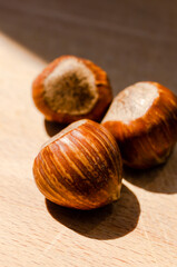 hazelnuts on wooden background