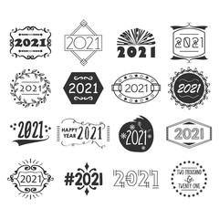 Black year 2021 number creative design emblem and motifs set icons on white background
