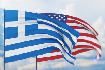 Waving American flag and flag of Greece. Closeup view, 3D illustration.