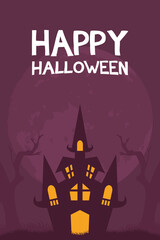 happy halloween card with lettering and castle haunted scene