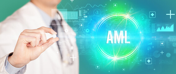 Close-up of a doctor giving you a pill with AML abbreviation, virology concept