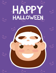 happy halloween card with lettering and girl costumed of katrina