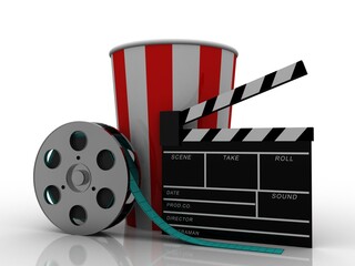 3d rendering Film clap board with film role