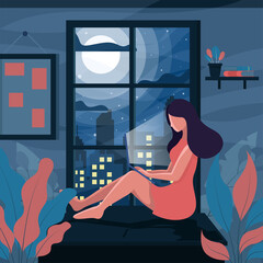 working at midnight. Flat Art vector.