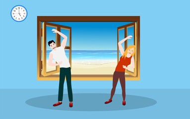 Man and woman Doing Exercises in Gym. Women Doing Squats at Gym. Fitness Class for people. Sports Training Vector Illustration. Healthy Lifestyle.