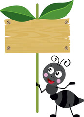 Cute ant holding a wooden signboard with leaves
