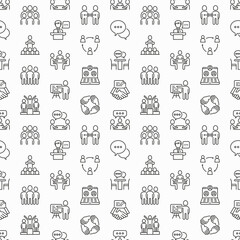 Meeting seamless pattern with thin line icons: speaker, communication, collaboration, teamwork, brainstorm, online meeting, conference, presenter, gathering, interview. Vector illustration.