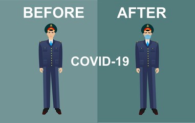 Kazakh police officers in uniform and mask, pandemia coronavirus situation in Kazakhstan before and after