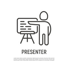 Presenter; lecturer; teacher; trainer thin line icon. Man demonstrates information on board. Vector illustration.