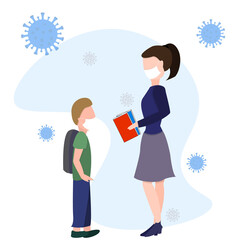 Back to school for new normal concept. Children wearing sanitary masks. Teachers, students and friends at the school.