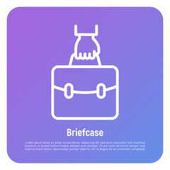 Fototapeta premium Briefcase in hand thin line icon. Symbol of portfolio. Vector illustration.
