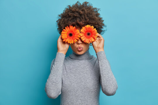 Lovely Romantic Young Woman With Flowers In Front Of Eyes, Keeps Lips Rounded, Holds Orange Gerbera Daisy, Dressed In Grey Turtleneck, Blue Background, Has Spring Mood, Enjoys Pleasant Smell