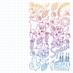 Spain travel. Pattern with spanish vector doodles elements. Eat spanish food. Play spanish guitar, dance flamenco. Traditional icons of bull, wine, dresses.