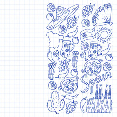 Spain travel. Pattern with spanish vector doodles elements. Eat spanish food. Play spanish guitar, dance flamenco. Traditional icons of bull, wine, dresses.