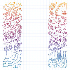 Spain travel. Pattern with spanish vector doodles elements. Eat spanish food. Play spanish guitar, dance flamenco. Traditional icons of bull, wine, dresses.