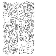 Spain travel. Coloring page. Pattern with spanish vector doodles elements. Eat spanish food. Play spanish guitar, dance flamenco. Traditional icons of bull, wine, dresses.