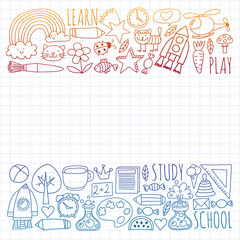 Back to School vector doodle set. Supplies for sport, art, reading, science, geography, biology, physics, mathematics, astronomy, chemistry.