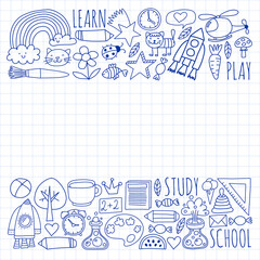 Back to School vector doodle set. Supplies for sport, art, reading, science, geography, biology, physics, mathematics, astronomy, chemistry.