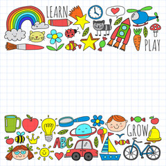 Back to School vector doodle set. Supplies for sport, art, reading, science, geography, biology, physics, mathematics, astronomy, chemistry.