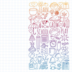 Back to School vector doodle set. Supplies for sport, art, reading, science, geography, biology, physics, mathematics, astronomy, chemistry.