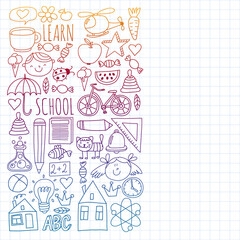 Back to School vector doodle set. Supplies for sport, art, reading, science, geography, biology, physics, mathematics, astronomy, chemistry.