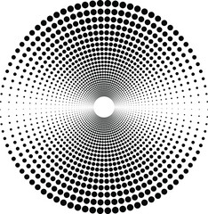 Black halftone dots. Round form. Geometric art. Trendy design element for frame, logo, tattoo, sign, symbol, web, prints, posters, template, pattern and abstract background