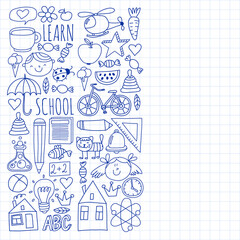 Back to School vector doodle set. Supplies for sport, art, reading, science, geography, biology, physics, mathematics, astronomy, chemistry.
