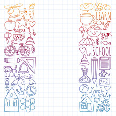 Fototapeta na wymiar Back to School vector doodle set. Supplies for sport, art, reading, science, geography, biology, physics, mathematics, astronomy, chemistry.